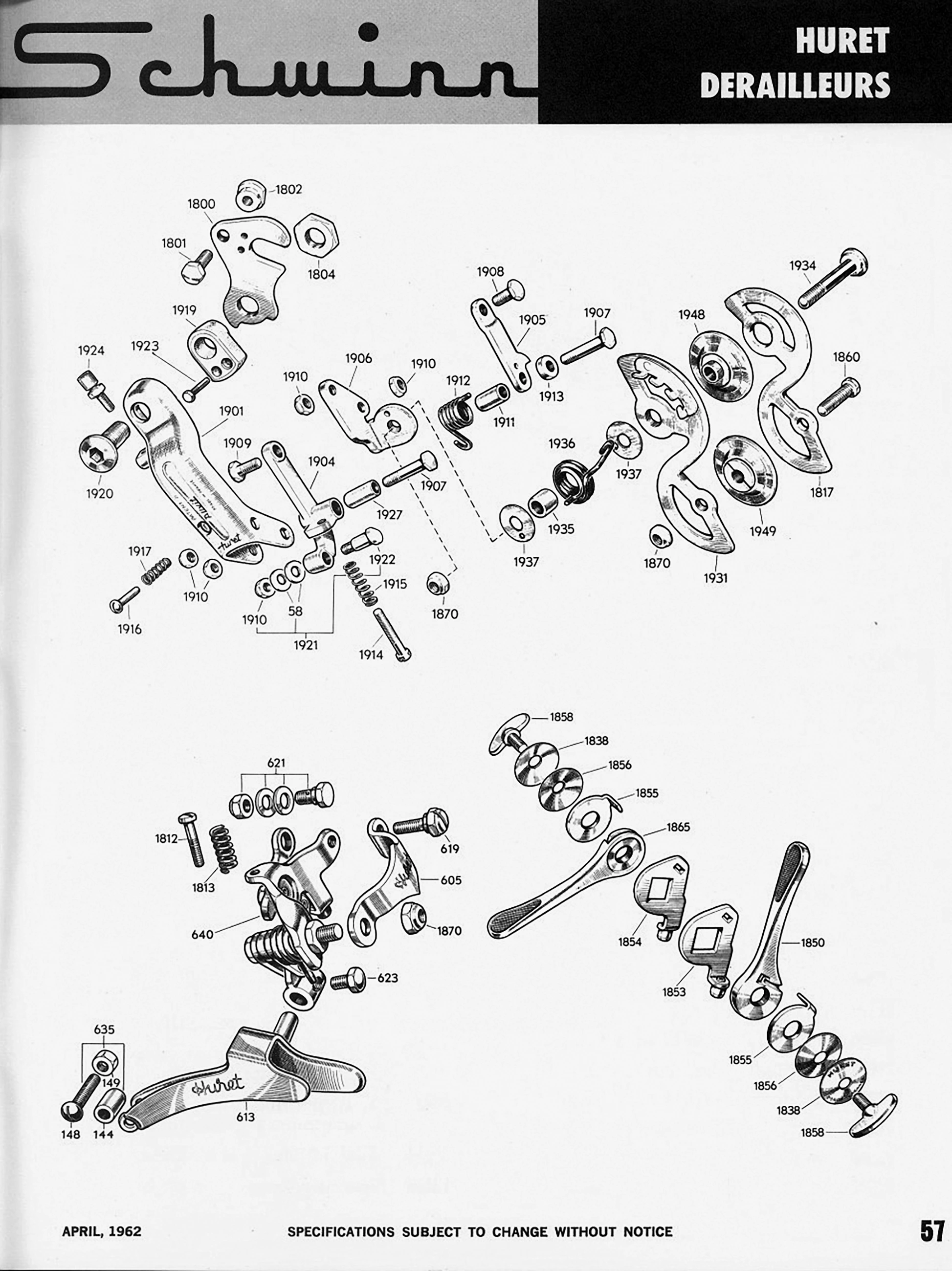 Exploded parts diagram of Huret derailleurs and shift levers with numbered callouts, under a Schwinn script header