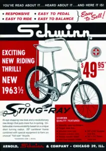 Dealer advertisement announcing the new Schwinn Sting-Ray as a mid-year 1963 model, showing the bicycle with high-rise handlebars and a long saddle, priced at $49.95