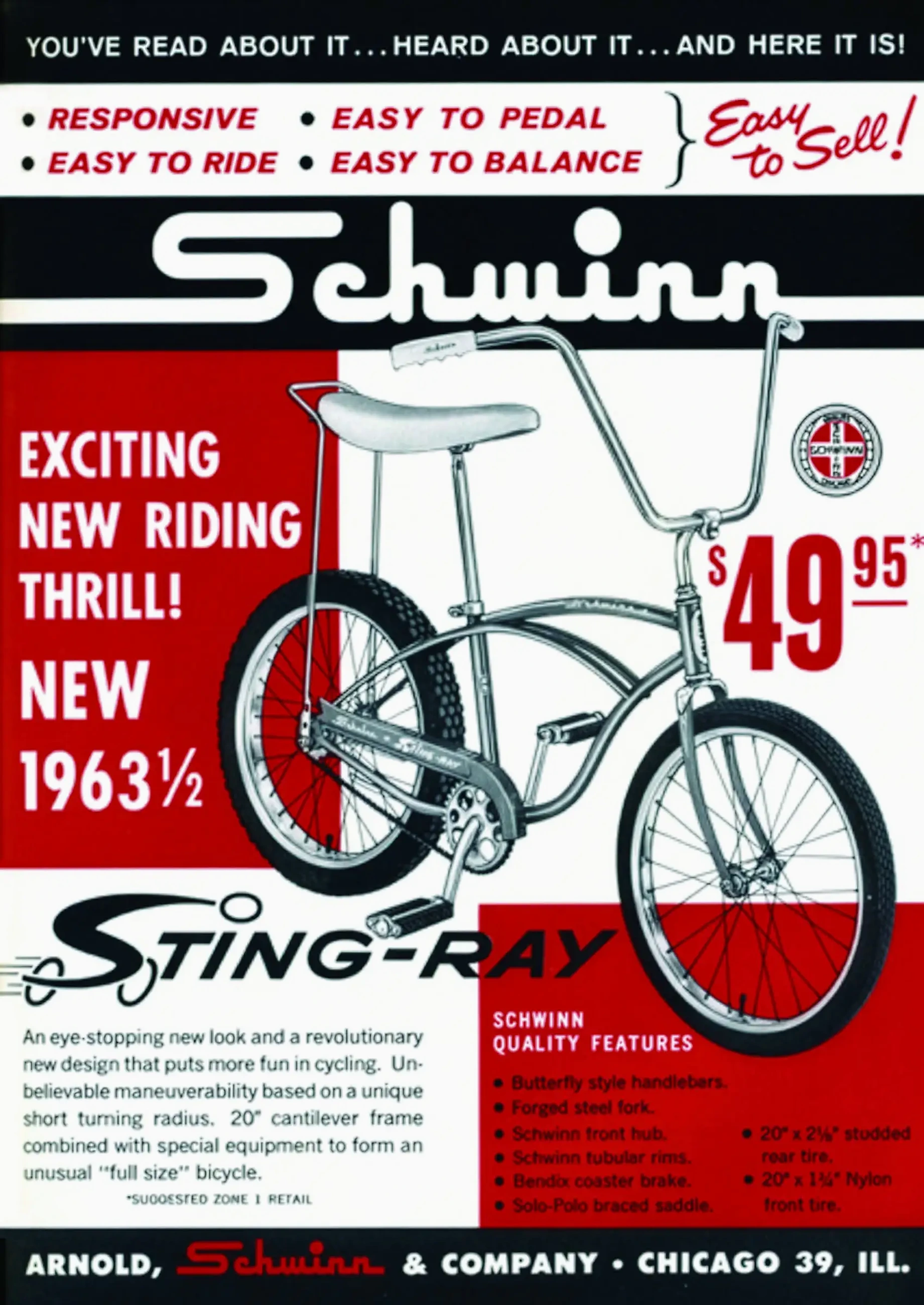 Dealer advertisement announcing the new Schwinn Sting-Ray as a mid-year 1963 model, showing the bicycle with high-rise handlebars and a long saddle, priced at $49.95