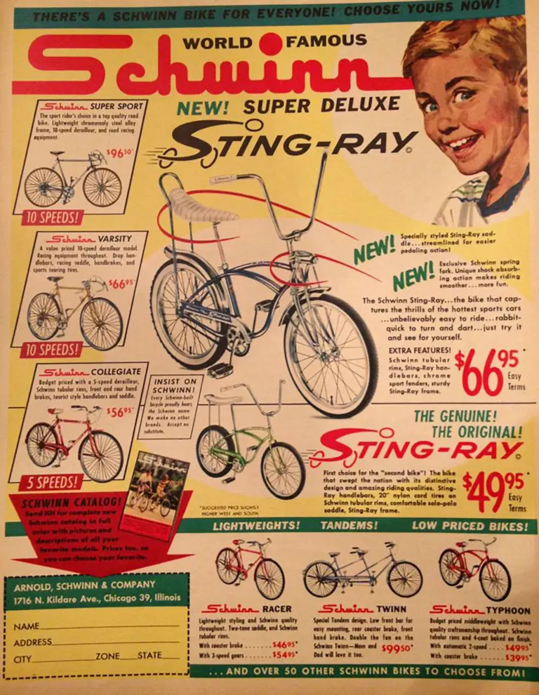 Crowded advertisement headed World Famous Schwinn, with a boy at the top right, a blue Super Deluxe Sting-Ray at the center and smaller panels for the Super Sport, Varsity, Collegiate, Racer, Twinn and Typhoon