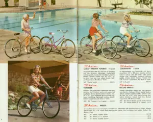 Two-page catalog spread photographed beside a swimming pool, showing four women with Schwinn ladies lightweights, above specification columns for the Varsity Tourist, Collegiate, Traveler, Deluxe Breeze and Breeze