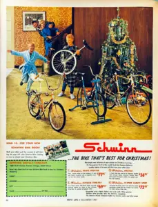 Advertisement photographed in a living room on Christmas morning, with two boys in pajamas running toward a Fastback Sting-Ray, an exerciser, a unicycle and a Varsity Sport beside a decorated tree