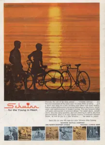 Advertisement showing two riders silhouetted against an orange sunset over water with their lightweight bicycles, above a strip of small photographs of unicycles, tri-wheelers, tandems, exercisers, Sting-Rays, folding bikes and junior bikes