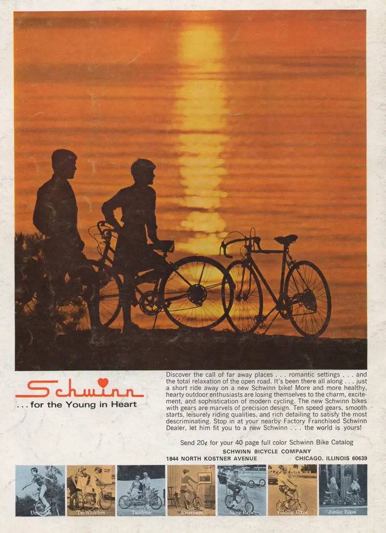 Advertisement showing two riders silhouetted against an orange sunset over water with their lightweight bicycles, above a strip of small photographs of unicycles, tri-wheelers, tandems, exercisers, Sting-Rays, folding bikes and junior bikes