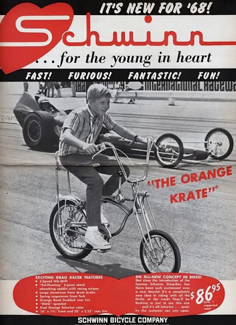 Advertisement headed It Is New for 68, Schwinn for the young in heart, showing a boy on an Orange Krate five-speed alongside a dragster at a raceway