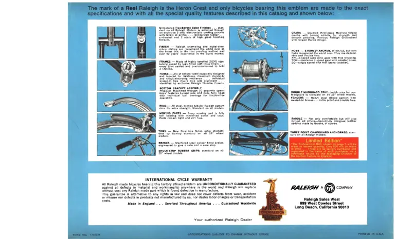 Raleigh 1970 Catalog — The Finest Bicycles Made in England (United States) — page 5 of 5