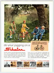 Magazine advertisement showing two riders on Schwinn lightweights in a park beside a couple seated in tracksuits, with an inset panel for the Schwinn Super Sport