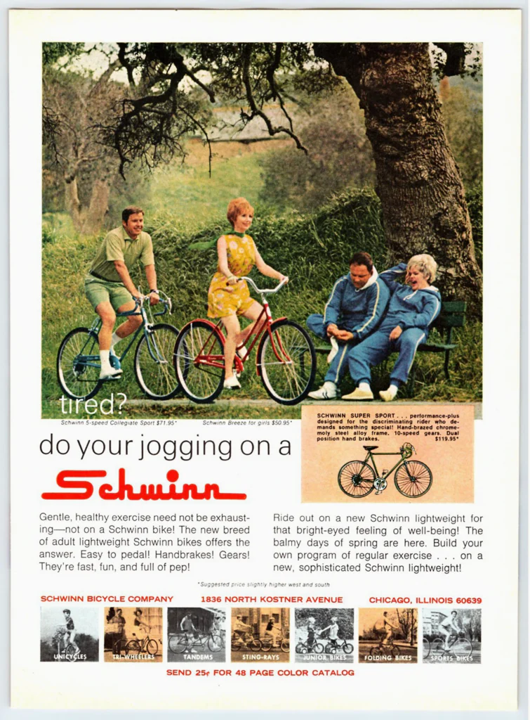 Magazine advertisement showing two riders on Schwinn lightweights in a park beside a couple seated in tracksuits, with an inset panel for the Schwinn Super Sport