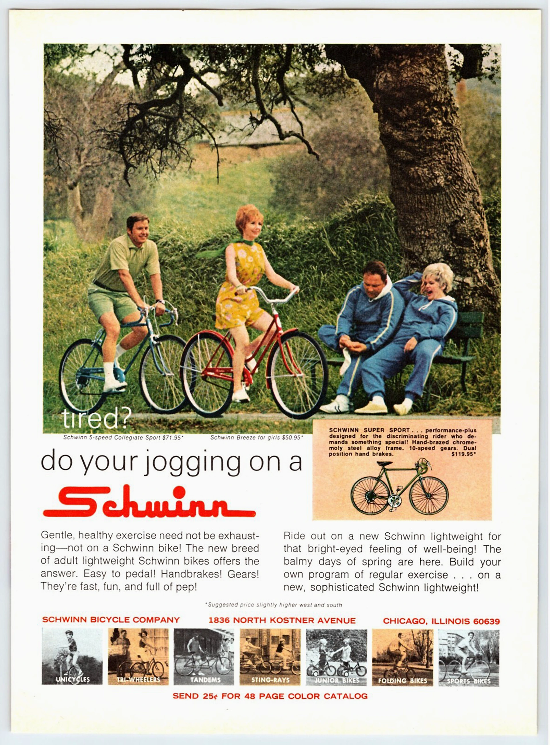 Magazine advertisement showing two riders on Schwinn lightweights in a park beside a couple seated in tracksuits, with an inset panel for the Schwinn Super Sport