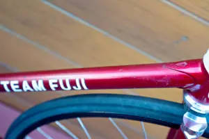 The TEAM FUJI down tube decal running into the spearpoint head lug of the Team Fuji track frame