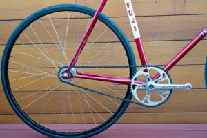 Rear wheel and drivetrain of the Team Fuji, showing the fixed cog and lockring, the chain and the Sugino chainring