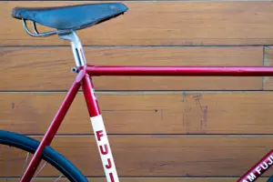 Seat cluster of the Team Fuji with the fluted SR Laprade seatpost, the Palace leather saddle and the FUJI seat tube panel