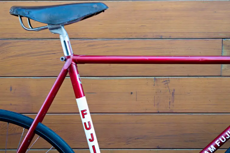 Seat cluster of the Team Fuji with the fluted SR Laprade seatpost, the Palace leather saddle and the FUJI seat tube panel