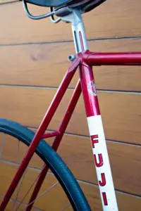 Fuji 331 chrome molybdenum double butted steel tubing decal on the seat tube of the Team Fuji, below the seat cluster