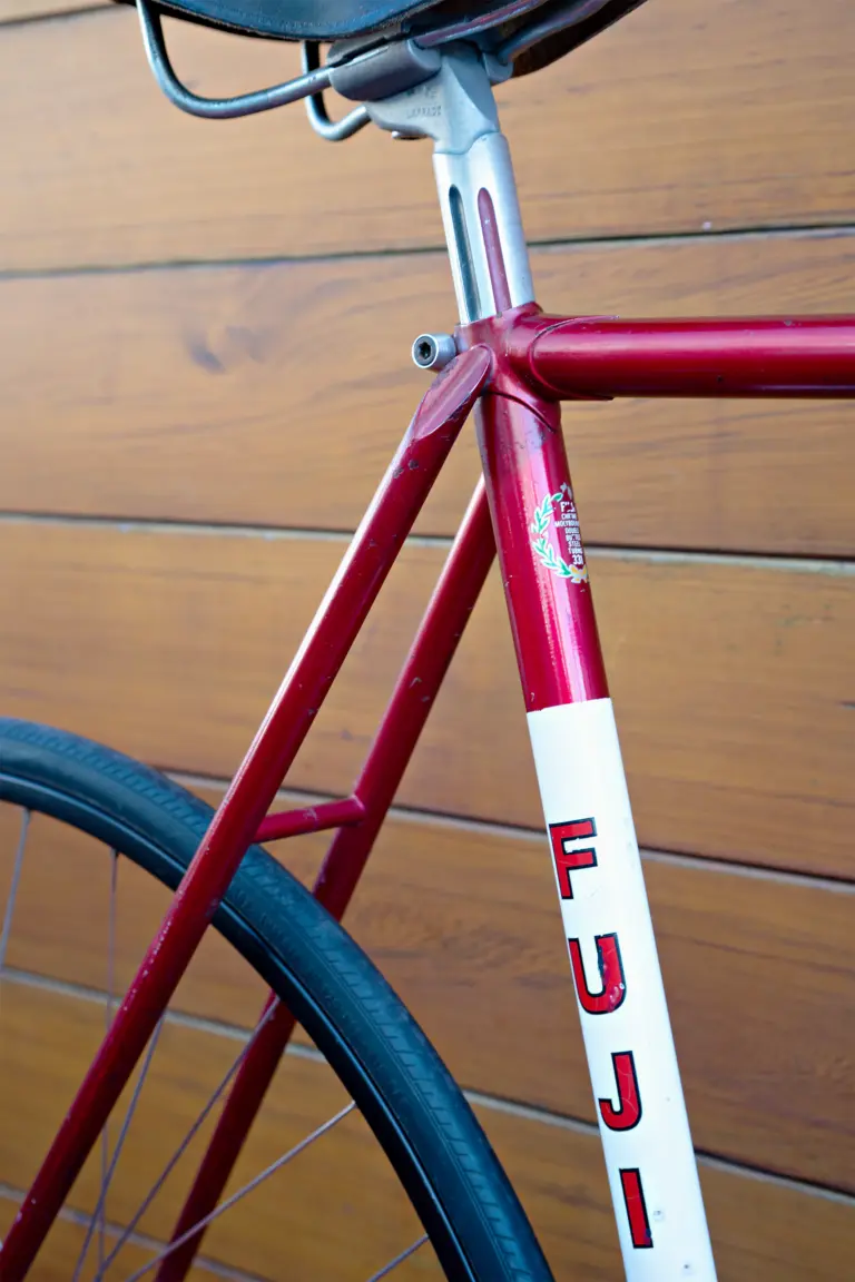 Fuji 331 chrome molybdenum double butted steel tubing decal on the seat tube of the Team Fuji, below the seat cluster