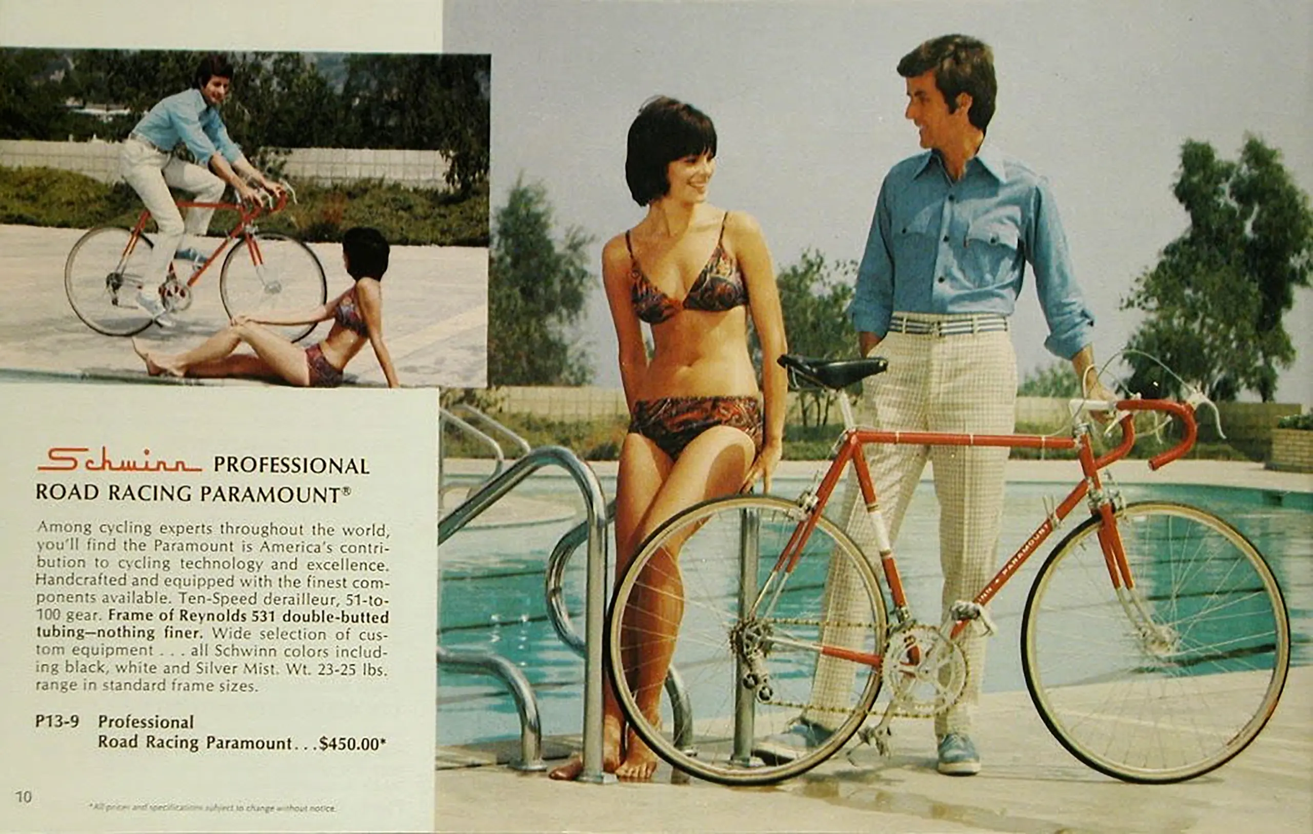 Catalog page showing an orange Schwinn Professional Road Racing Paramount beside a swimming pool with two people in 1970s clothing, alongside a gray specification panel