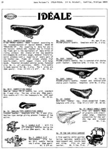 Page 39 of Gene Portuesi’s Cyclo-pedia in full, listing the Idéale No. 90-3 and No. 90-2 competition saddles, the No. 91 swallow, the No. 39, the Rilsan 2000, 2001 and 2002, two saddle clips, the No. 41 cover and the No. 44 child carrier