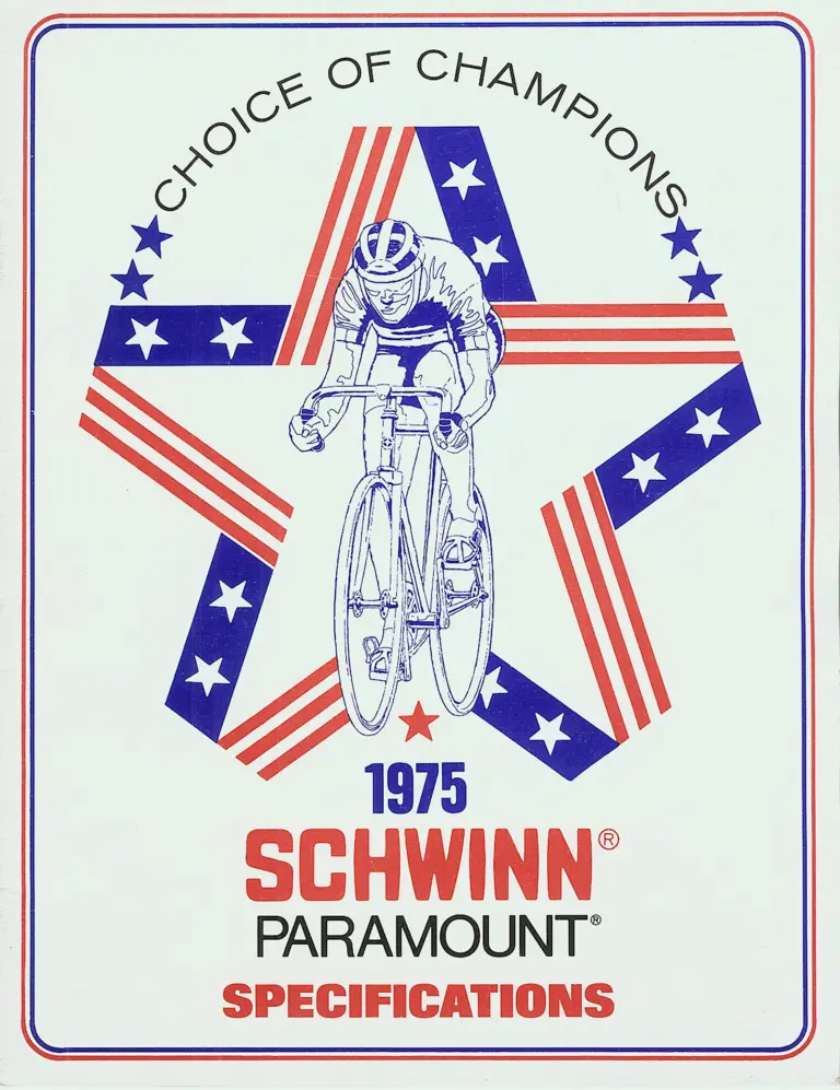 Catalog cover with a blue line drawing of a racing cyclist inside a five-pointed star of red and blue stripes, headed Choice of Champions above 1975 Schwinn Paramount Specifications