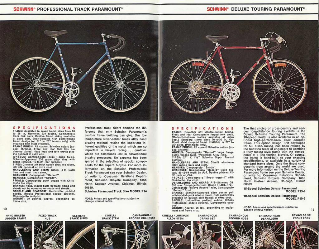 Two-page catalog spread showing a blue Schwinn Professional Track Paramount and a red Deluxe Touring Paramount photographed against black, above full specification columns and a row of component detail photographs