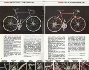 Two-page catalog spread showing a blue Schwinn Professional Track Paramount and a red Deluxe Touring Paramount photographed against black, above full specification columns and a row of component detail photographs