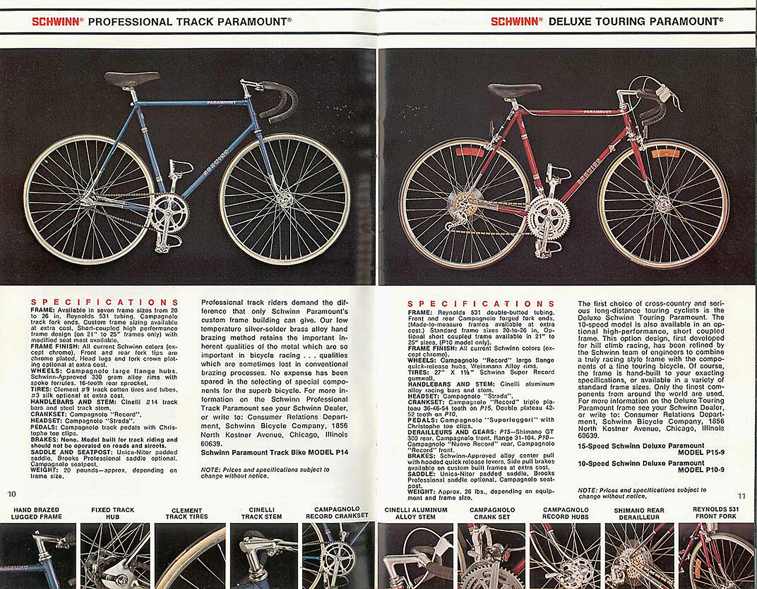 Two-page catalog spread showing a blue Schwinn Professional Track Paramount and a red Deluxe Touring Paramount photographed against black, above full specification columns and a row of component detail photographs