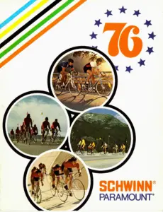 Catalog cover with four circular photographs of road and track racing, a large orange 76 ringed by blue stars, and the Schwinn Paramount wordmark