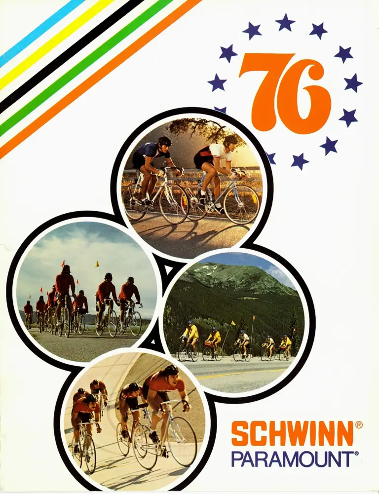 Catalog cover with four circular photographs of road and track racing, a large orange 76 ringed by blue stars, and the Schwinn Paramount wordmark