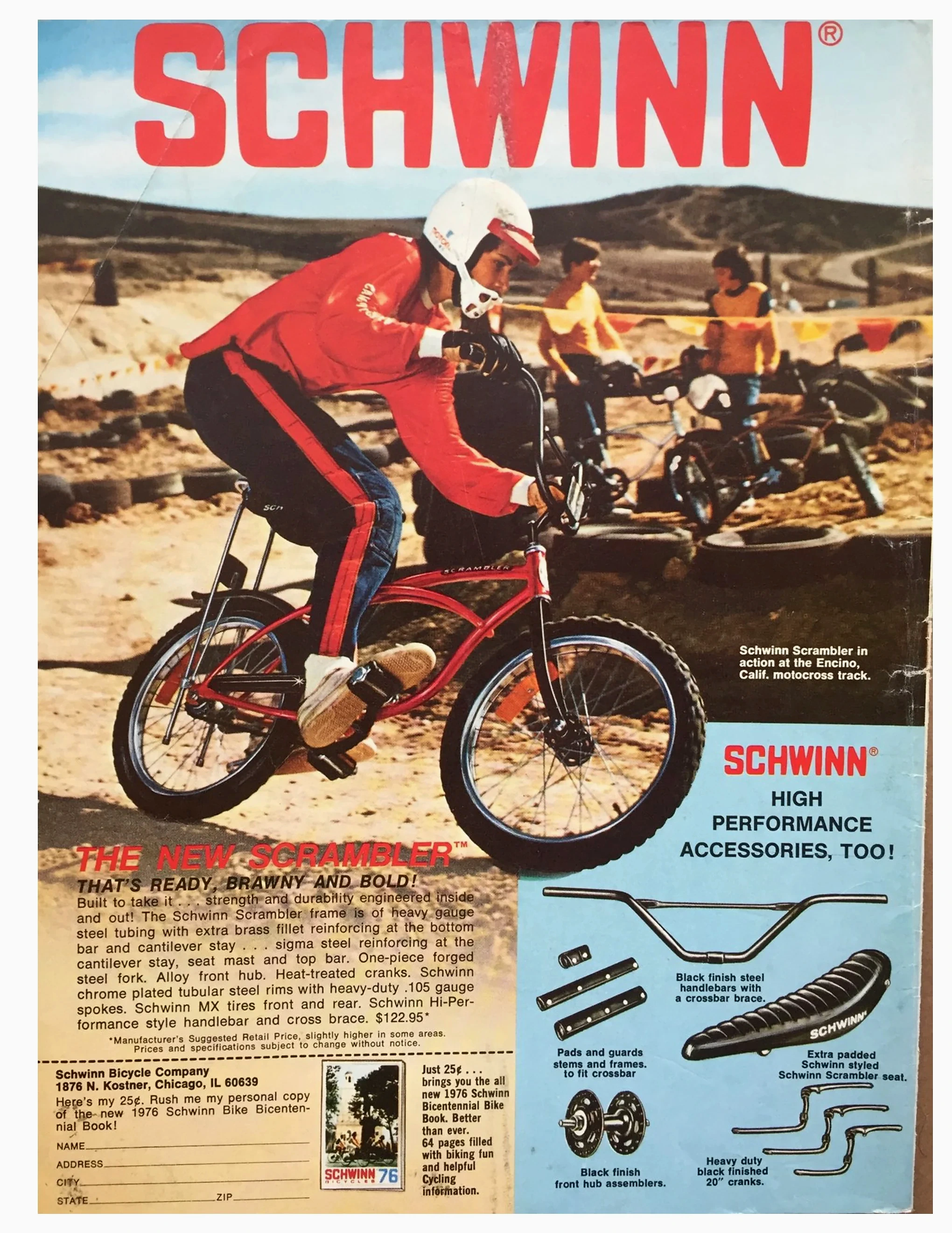 Advertisement showing a rider in red racing leathers jumping a red Schwinn Scrambler at a dirt motocross track, with an accessories panel and a coupon for the 1976 Schwinn Bicentennial Bike Book