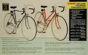 Catalog page showing a blue mens and a red ladies Schwinn Deluxe Touring Paramount side by side, with a specification panel listing models P15-9, P10-9, P65-9 and P60-9