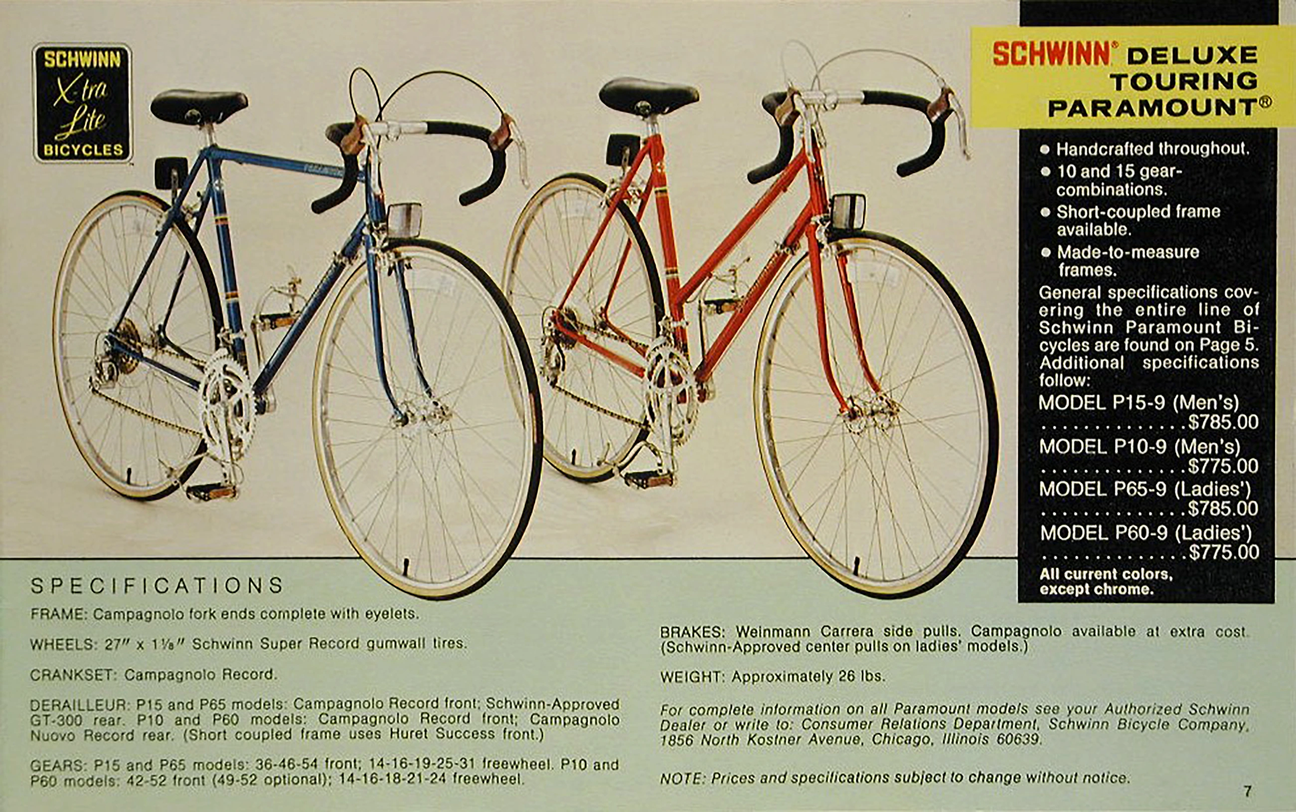 Catalog page showing a blue mens and a red ladies Schwinn Deluxe Touring Paramount side by side, with a specification panel listing models P15-9, P10-9, P65-9 and P60-9