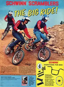 Advertisement headed Schwinn Scramblers, The Big Ride, showing three young riders in red jerseys and helmets on Schwinn Scramblers on a dirt course, with a yellow accessories panel