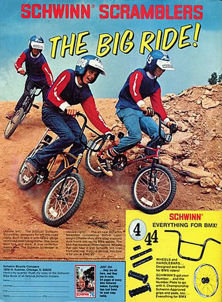 Advertisement headed Schwinn Scramblers, The Big Ride, showing three young riders in red jerseys and helmets on Schwinn Scramblers on a dirt course, with a yellow accessories panel