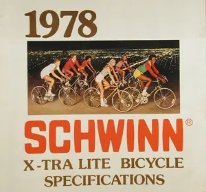 Catalog cover photograph of six riders on Schwinn lightweights above a city at night, under a large orange SCHWINN wordmark and the line X-tra Lite Bicycle Specifications