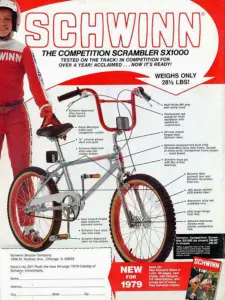Advertisement showing a silver and red Schwinn Competition Scrambler SX1000 with callout lines to its components, beside a young rider in red racing kit, headed New for 1979