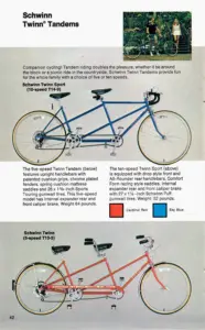 Catalog page showing a blue 10-speed Schwinn Twinn Sport and a red five-speed Schwinn Twinn tandem, with a small photograph of a couple and a tandem on a wooded staircase