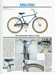 Catalog page for the Schwinn King-Sting KS1-0, showing a black single-speed cruiser on gumwall knobby tires above four detail photographs of the fork, crankset, saddle and rear hub