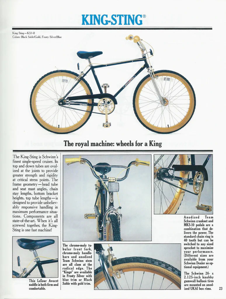 Catalog page for the Schwinn King-Sting KS1-0, showing a black single-speed cruiser on gumwall knobby tires above four detail photographs of the fork, crankset, saddle and rear hub