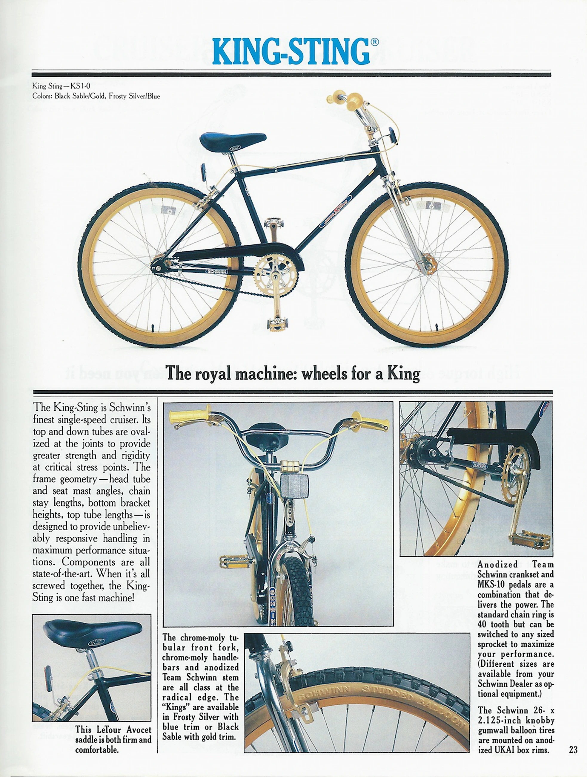 Catalog page for the Schwinn King-Sting KS1-0, showing a black single-speed cruiser on gumwall knobby tires above four detail photographs of the fork, crankset, saddle and rear hub