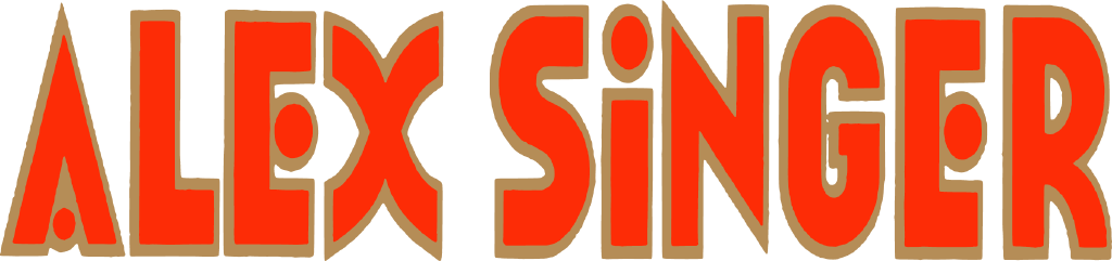 Alex Singer logo, the name in red capitals edged in gold