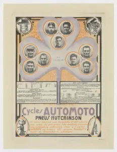 Automoto shop card: a lavender and orange four-leaf clover holding nine circular portraits of racing cyclists under the words NOS COUREURS, corner roundels engraved with sewing machines, a cream separator and a shotgun, two dense panels of French postal rates beneath, and Cycles AUTOMOTO with PNEUS HUTCHINSON lettered across the foot.