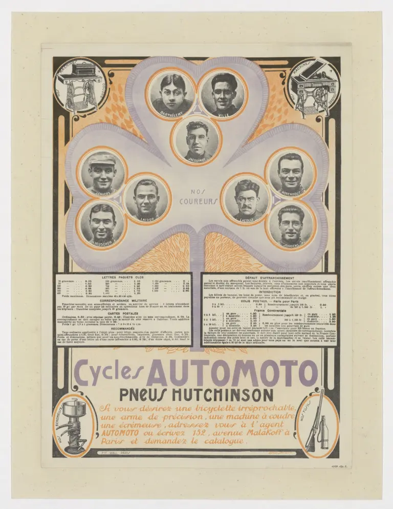 Automoto 1920s Poster — Cycles Automoto, Pneus Hutchinson (Postal Tariff Card) — page 1 of 1