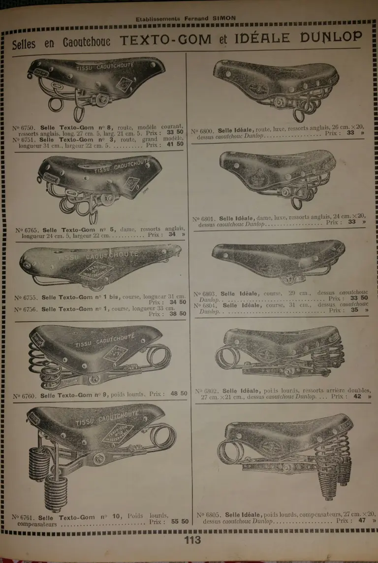 Page 113 of the Établissements Fernand Simon supplier catalog, headed Selles en Caoutchouc Texto-Gom et Idéale Dunlop, showing ten rubber topped saddles with model numbers from 6750 to 6805 and their prices