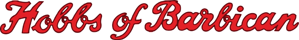 Hobbs of Barbican logo, the name in red script with a dark outline