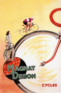 Magnat-Debon Cycles poster: a racing cyclist sprints along the crest of an enormous bicycle wheel that fills the sheet, while a woman in white holds a roadster at the left, on a yellow-to-orange ground.