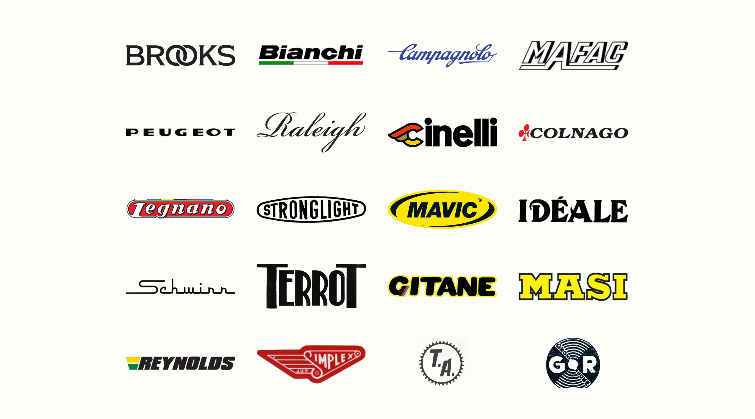 Twenty classic bicycle and component maker logos arranged in a grid on a pale ground, among them Brooks, Bianchi, Campagnolo, Mafac, Peugeot, Raleigh, Cinelli, Colnago, Mavic and Idéale