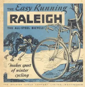 Raleigh advertisement printed in blue and cream: the rear of a roadster propped against a bare tree beside a frozen pond where three skaters cross the ice.