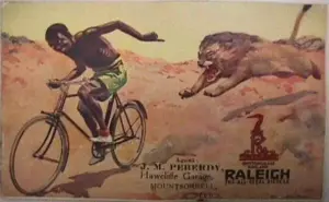 Raleigh dealer trade card carrying the lion artwork in miniature, overprinted at the lower center for the agent J. M. Peberdy of Hawcliffe Garage, Mountsorrell, Leicestershire.