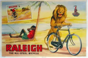 Raleigh export poster: a grinning lion sits up with its forepaws on the handlebars of a black roadster on a beach, a young man rests against a palm tree at left, and the earlier lion-chase poster is pinned within the picture.