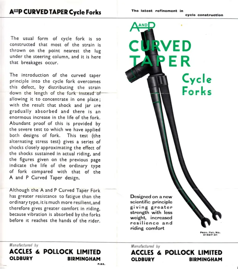 Accles & Pollock c.1932 Leaflet — The Curved Taper Cycle Fork and the Fatigue Test Behind It — page 1 of 2
