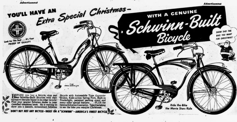 Schwinn 1947 Advertisement — Extra Special Christmas with a Genuine Schwinn-Built Bicycle — page 1 of 1